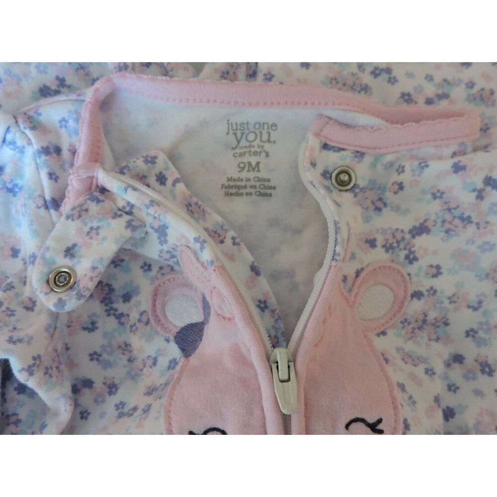 Carters Sheep Bodysuit One Piece Flowers Pink Pajamas Baby Girl Footed Zips 9M - Picture 5 of 5